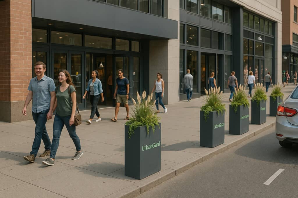 Planter Bollard Cover in front of a mall with people walking on sidewalk