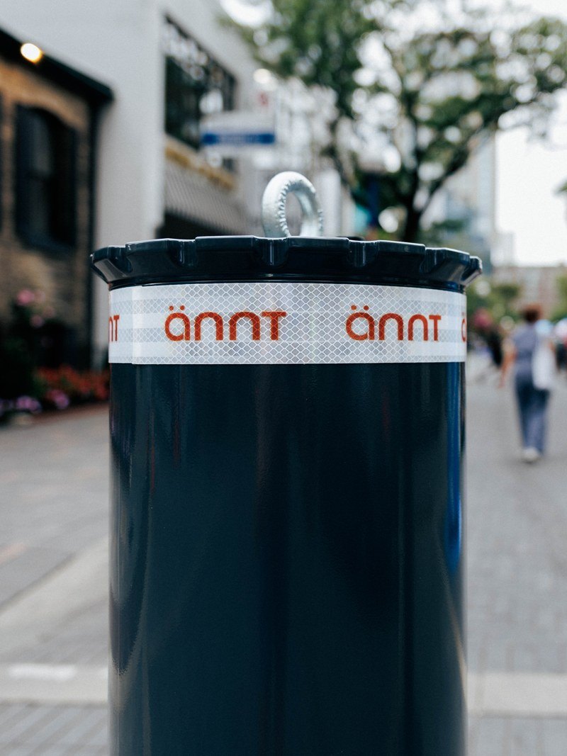 Meet attaGard 5 ännt branded band on an ättaGard portable bollard, Yorkville, Toronto