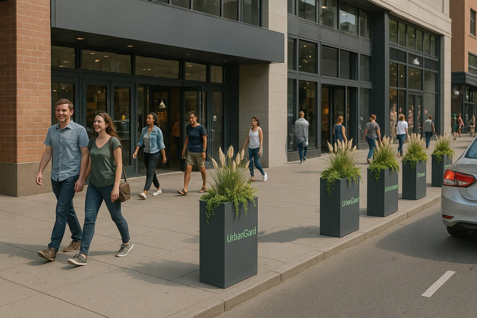 Crash-Rated Bollards: Essential Protection for Safer Public Spaces 2 Planter Bollard Cover in front of a mall with people walking on sidewalk